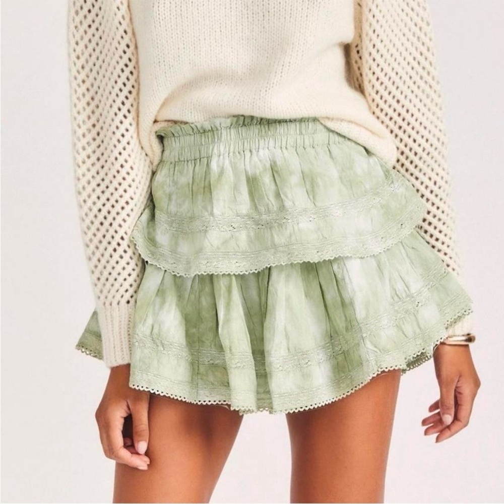 LoveShackFancy Tiered Ruffle Mini Skirt Moss Green Hand Tie Dye Size Medium